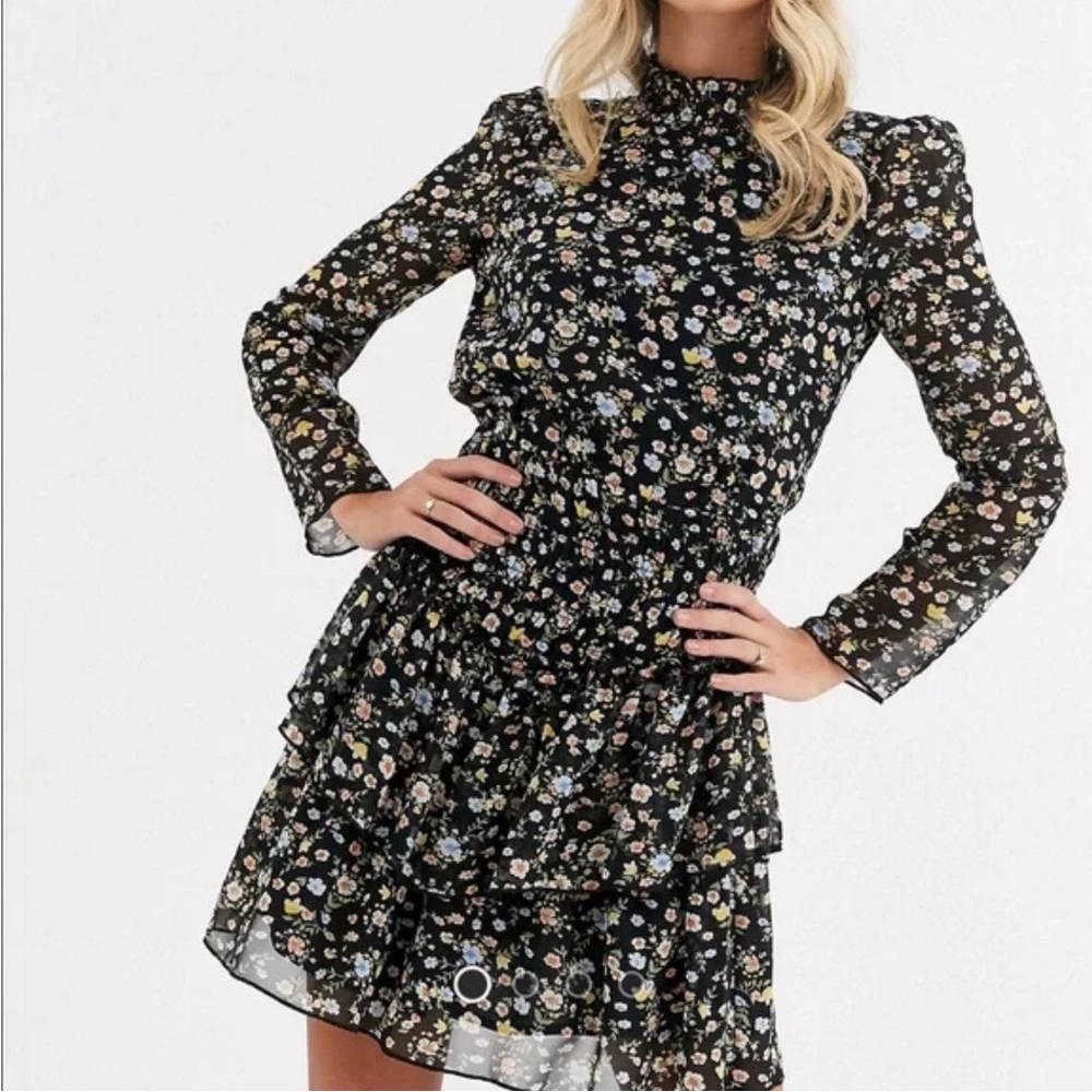 ASOS DESIGN high neck shirred waist mini dress in ditsy floral print size US 4